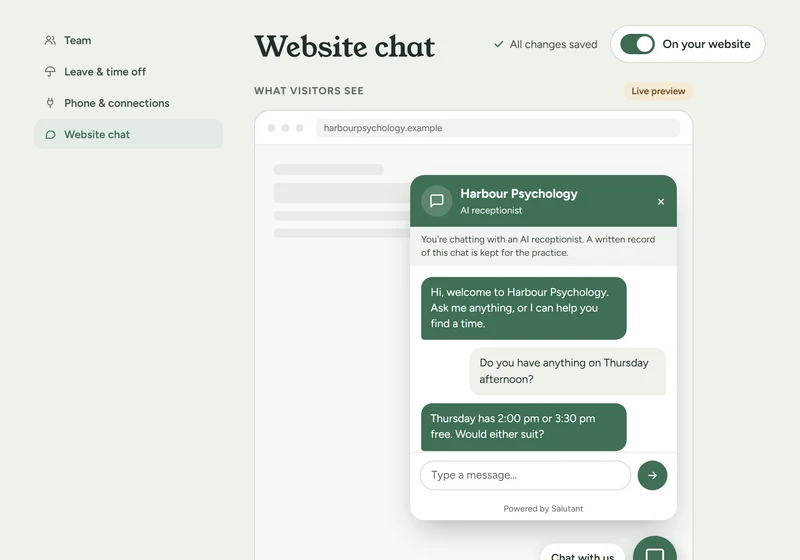 Salutant’s Website chat settings with a live preview of the chat on a practice website