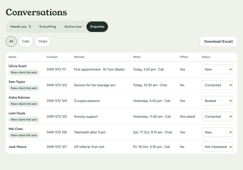 Salutant’s Enquiries list: new callers and chats with what they wanted, offers answer and status