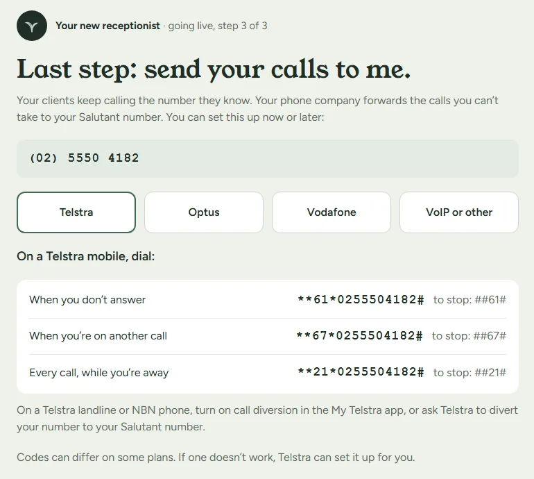 Forwarding your practice line to Salutant: the codes for your phone company