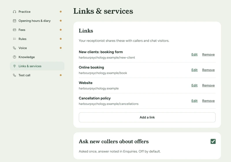 Salutant’s Links & services, with the new-client booking form link that new callers are texted