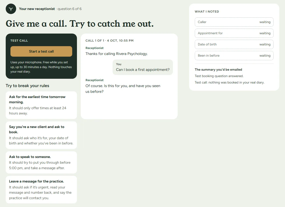 A free test call in Salutant: the live transcript, what it noted and rules to try to break