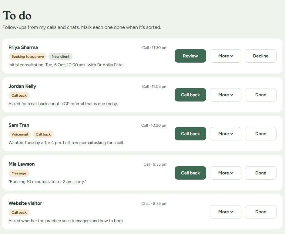Salutant’s To do list: a booking to approve, call-backs and a message, each with one-tap actions