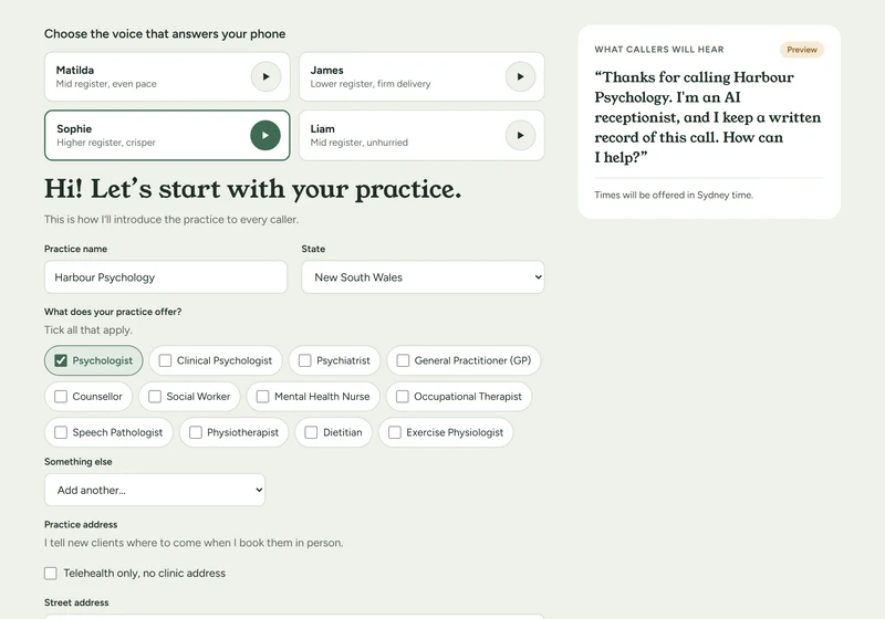 The first setup screen in Salutant: choose the voice that answers your phone